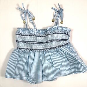 CREWCUTS Girls Smocked Top Size S Blue White Stripe Tie Strap Summer
